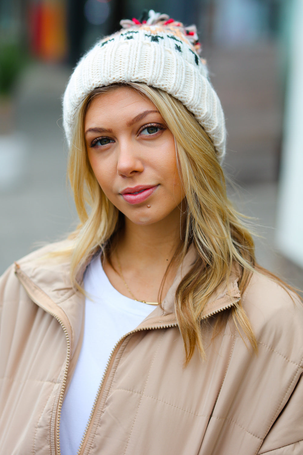 Cream Multicolor Cable Knit Pom-Pom Beanie