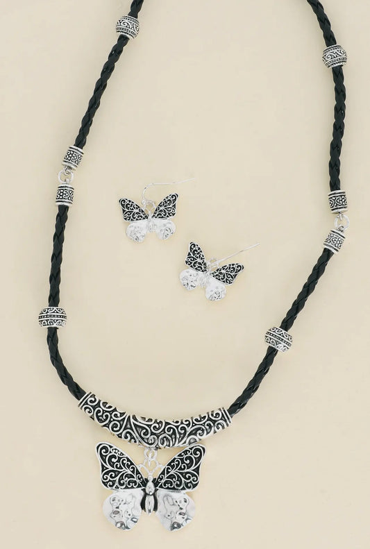 Bali Filigree Pattern Butterfly Necklace & Earring Set