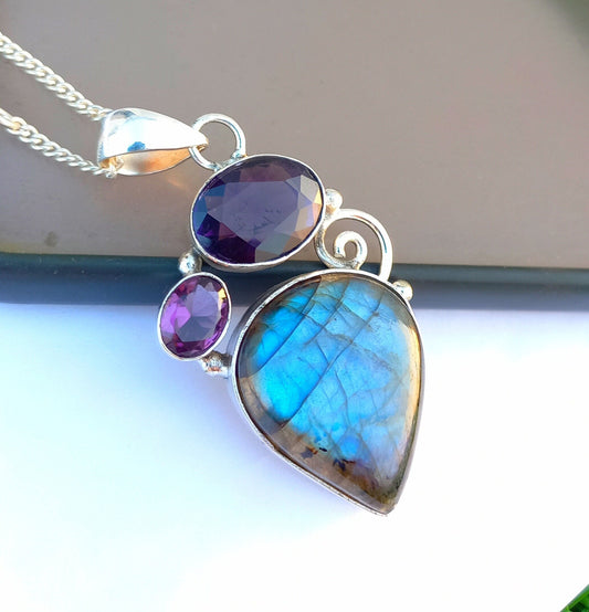 Natural Labradorite & Amethyst Pendant with Chain