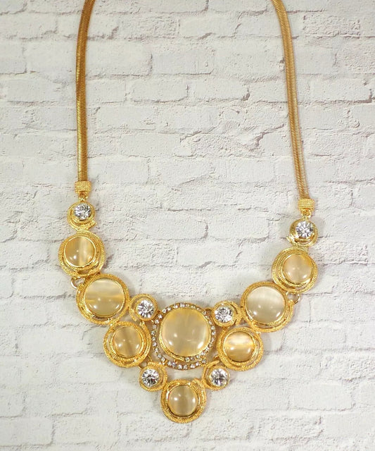 White “Cat Eye” Stone and Crystal Statement Necklace