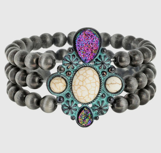 Western Navajo Bead Bracelet with Faux Druzy Stone